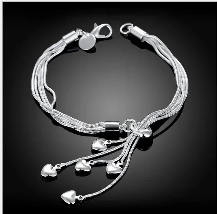Vintage 925 Sterling Silver Heart Charm Bracelet for Women