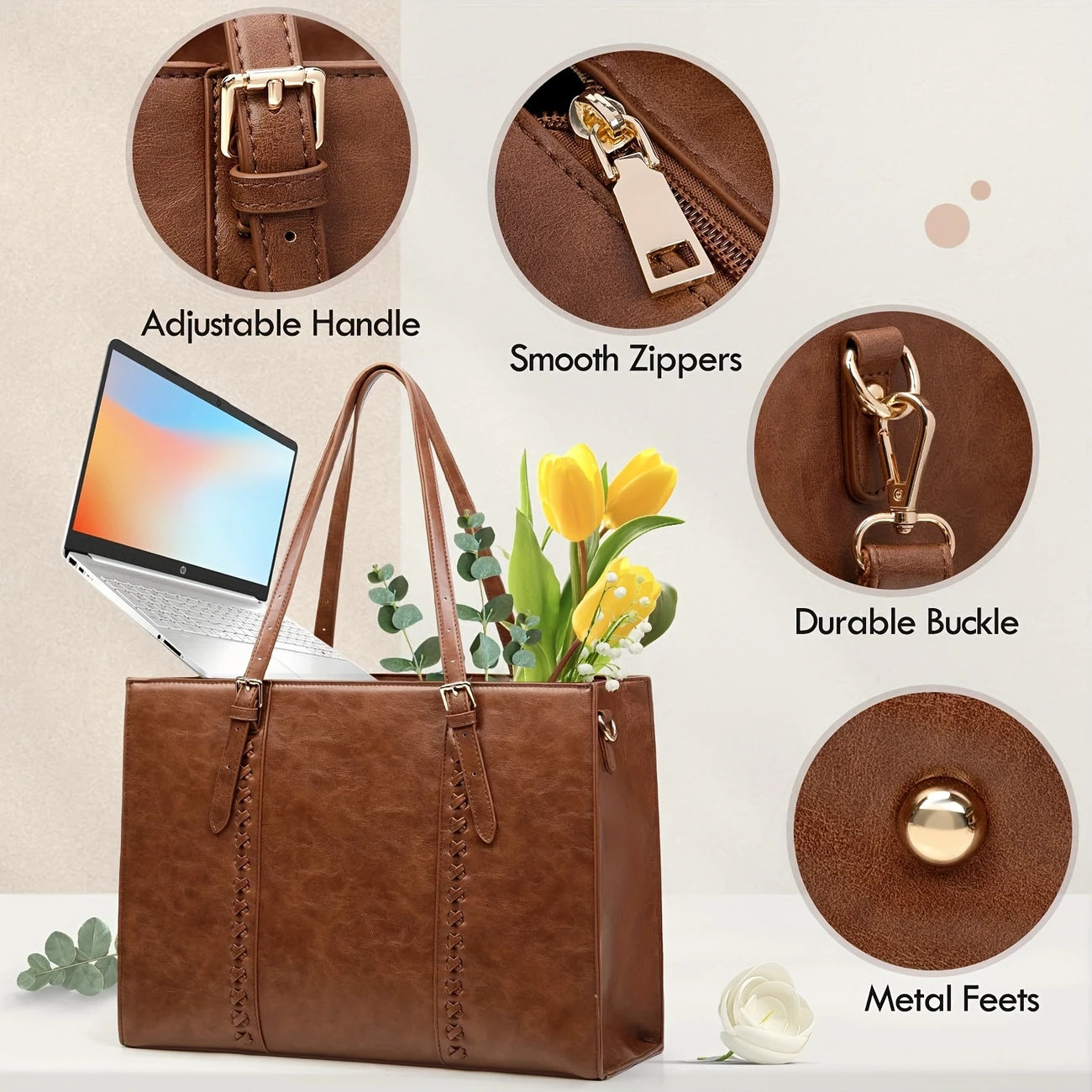 Women Professional Business Office Briefcase Lightweight Shoulder Handbags, Brown
