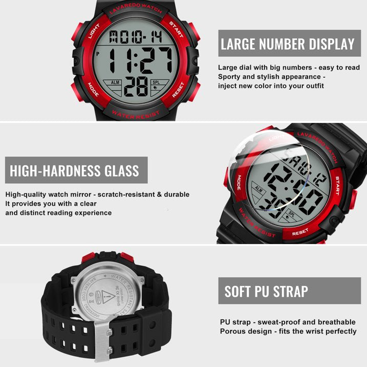 Men's Digital Sports Watch With Stopwatch/Alarm/Dual Time/ LED Backlight Outdoor Sports Waterproof Watch PU Strap Gifts for Man