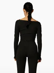 Women Crop Wrap Tops Tie up Hem V-Neck Fitted Long Sleeve