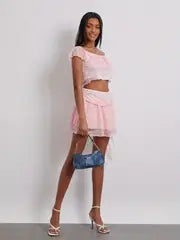 Womens 2pcs Summer Outfits Sleeveless Ruffle Trim Crop Cami Tops + Mini Skirt Set Clubwear