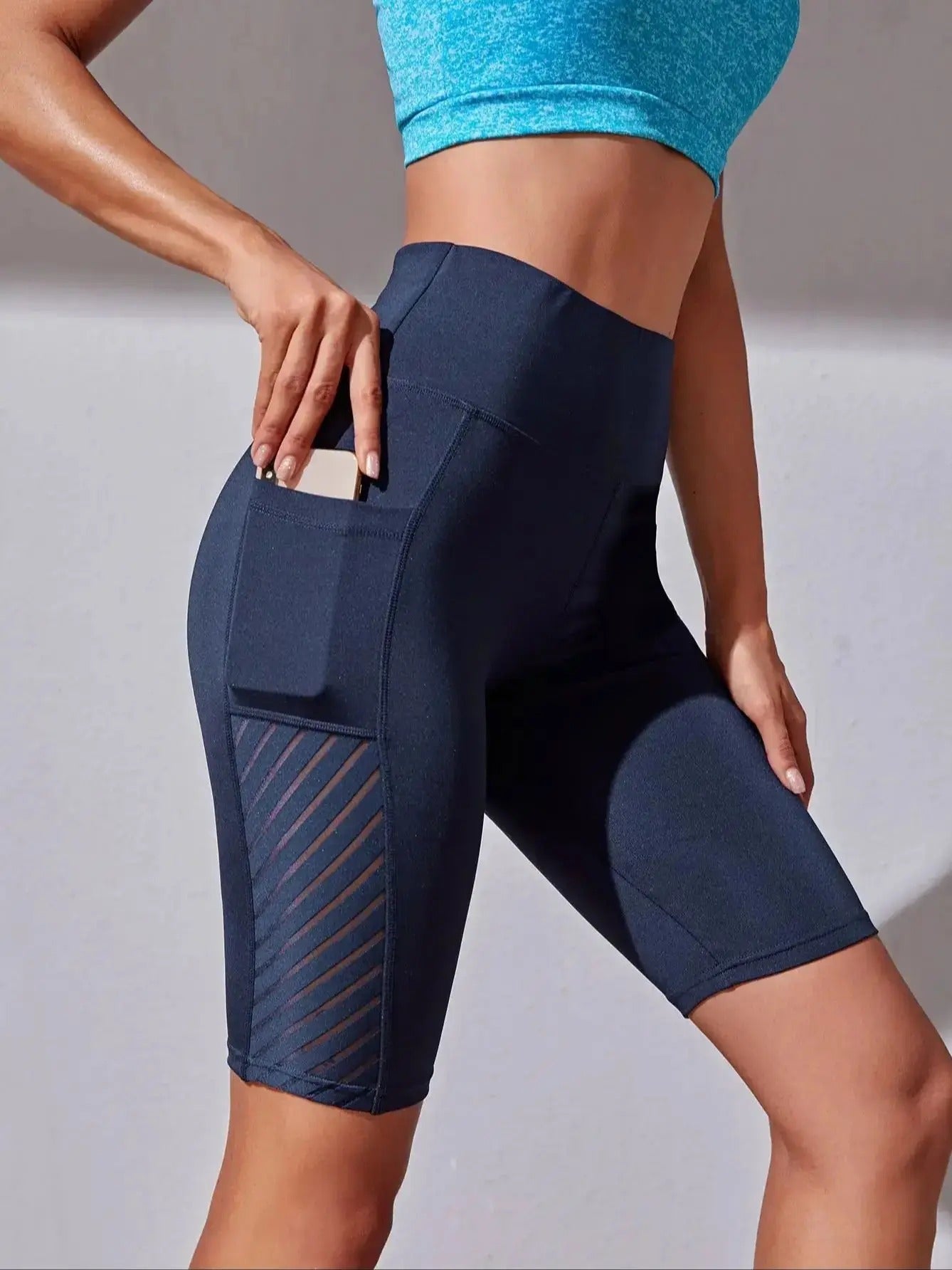 High-Waist Elastic Yoga Shorts with Pocket