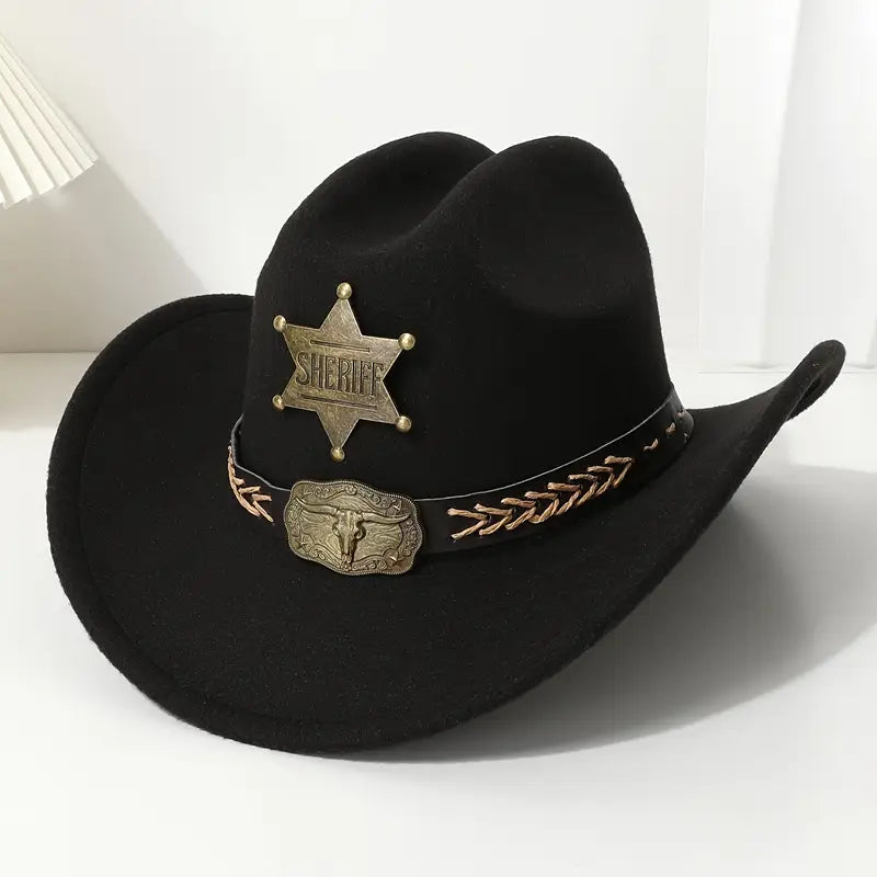 Men’s Western Cowboy Hat with Sheriff Star & Bull Belt Ornament