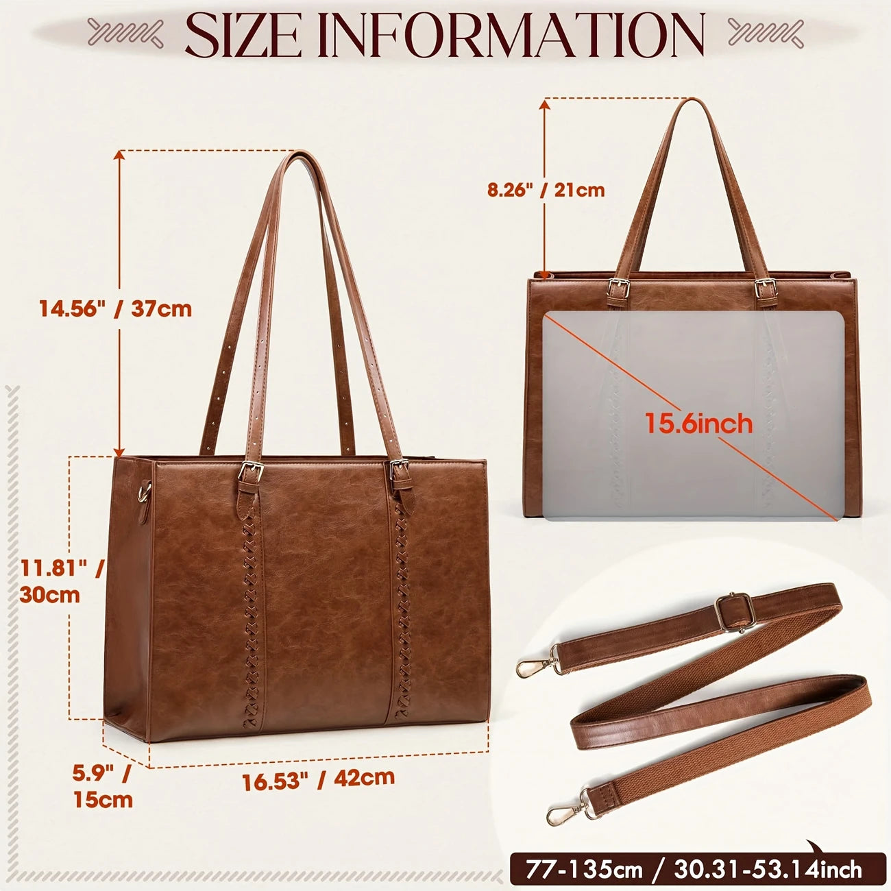 women Large Brown Business Office Briefcase with Adjustable Detachable Strap, High Quality Design