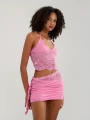 Sexy Perspective 2pcs Set, Solid Color Lace Design Tank Top+Asymmetric Ruffle Mini Skirt