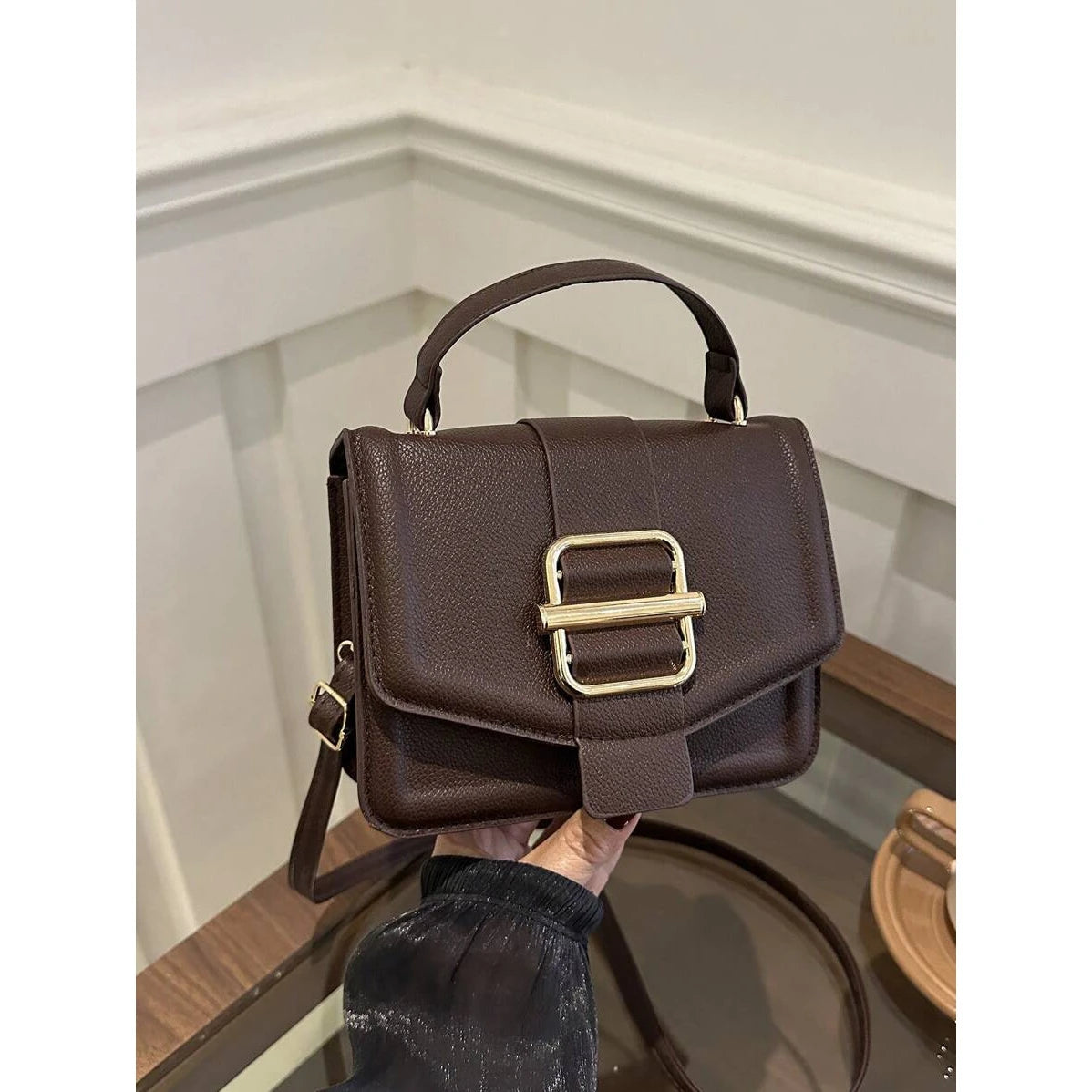 Chic Solid Color Mini Handbag with Metallic Buckle, Synthetic Faux Leather, Zipper Closure, Polyester Lined