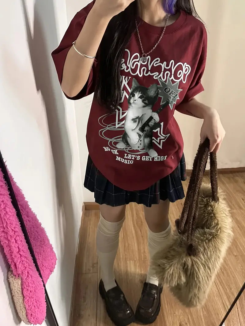 Maroon Retro Y2K-Inspired Graphic Tee