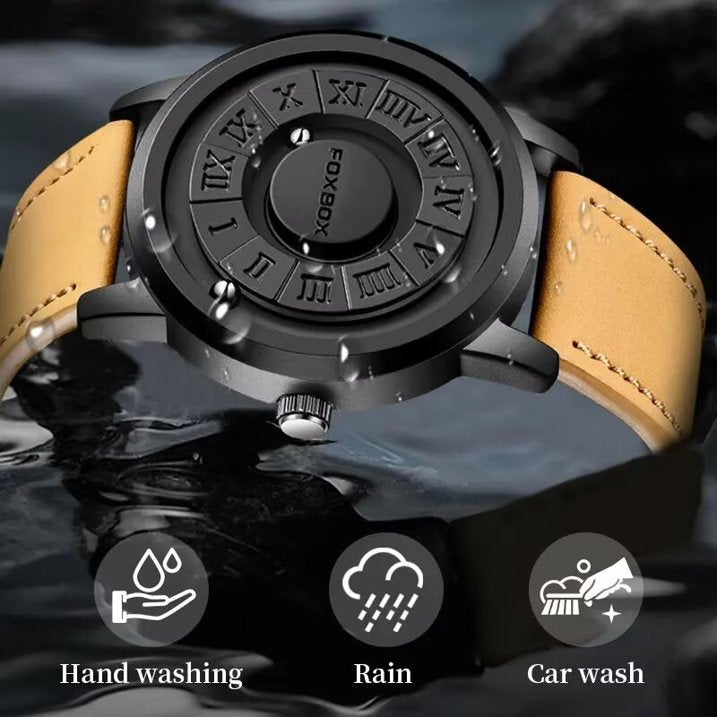 FOXBOX Mens Watches Creative Scrolling Pointer Magnetic Force Quartz Wristwatch Genuine Leather Watch Man