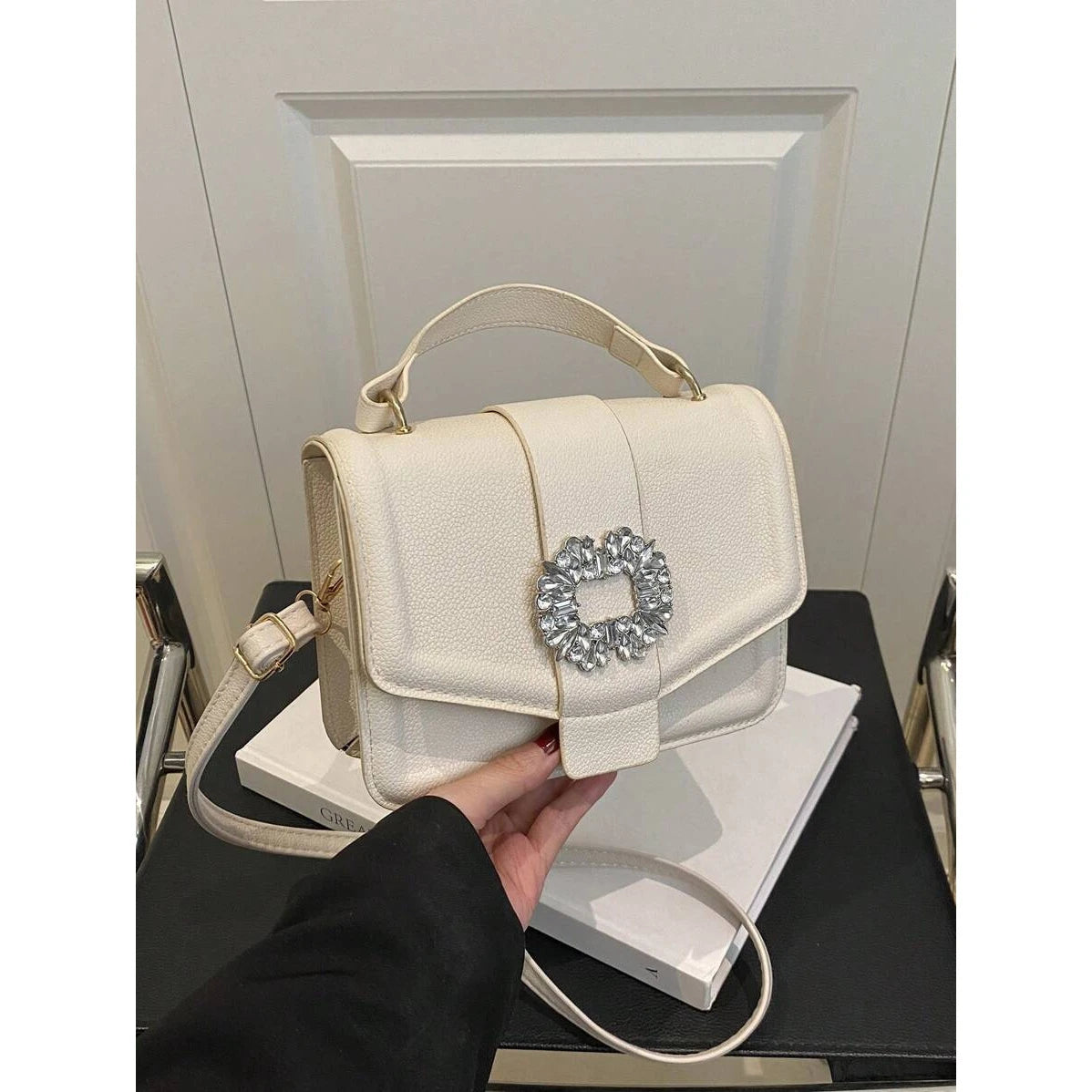 Chic Solid Color Mini Handbag with Metallic Buckle, Synthetic Faux Leather, Zipper Closure, Polyester Lined