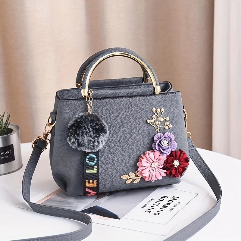 Handle Satchel Bags Teenage Girls Shoulder Crossbody Bags with Three Flowers