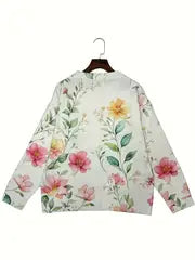 Vibrant All-Over Floral Print, Button Front Placket & Sleeve Details, Round Neck Long Sleeve Casual Sweater