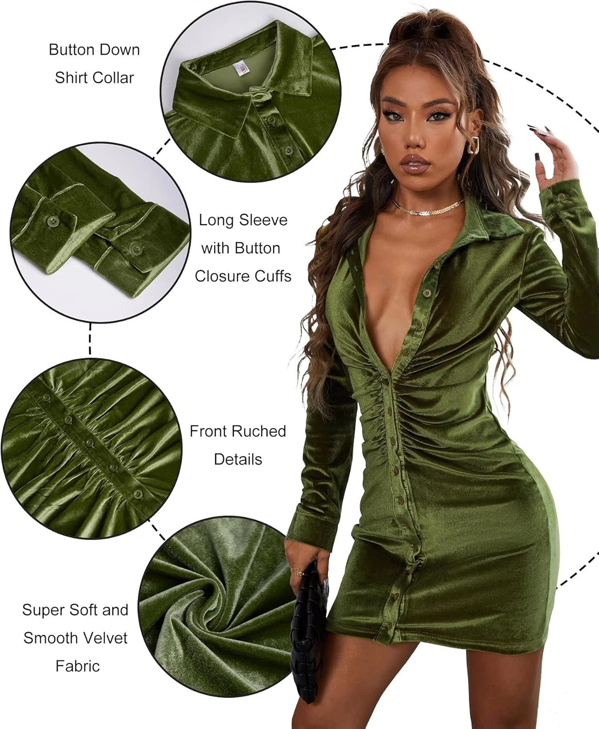 Long Sleeve Button down Dress for Women Collared Ruched Front Velvet Shirt Dress Bodycon Mini Dresses Green