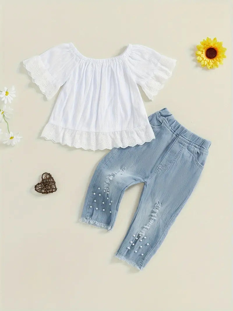 Summer Outfit Off-Shoulder Top & Beaded Denim Pants Set