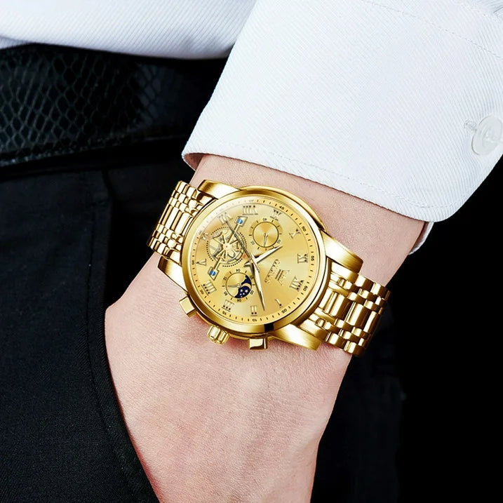 Stainless Steel Waterproof Luminous Date Wrist Watch For Men Gold Dial