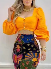 Shirred Back Button Decor Lantern Sleeve Crop Top sets