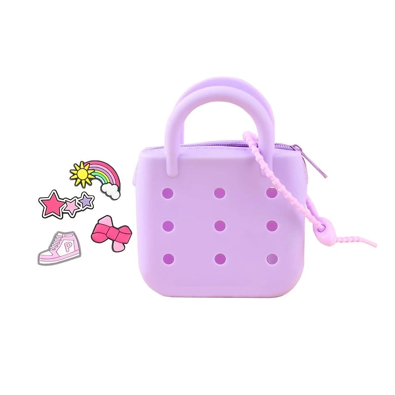 Cute Silicone DIY Hole Design Mini Tote Bag with Zipper & Adjustable Handle