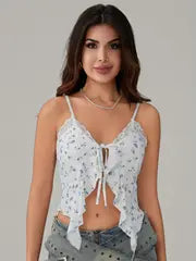Women's Sexy Summer Fitted Camisole Top - Sleeveless V-Neck Tie-Up Bow Bustier Crop Top