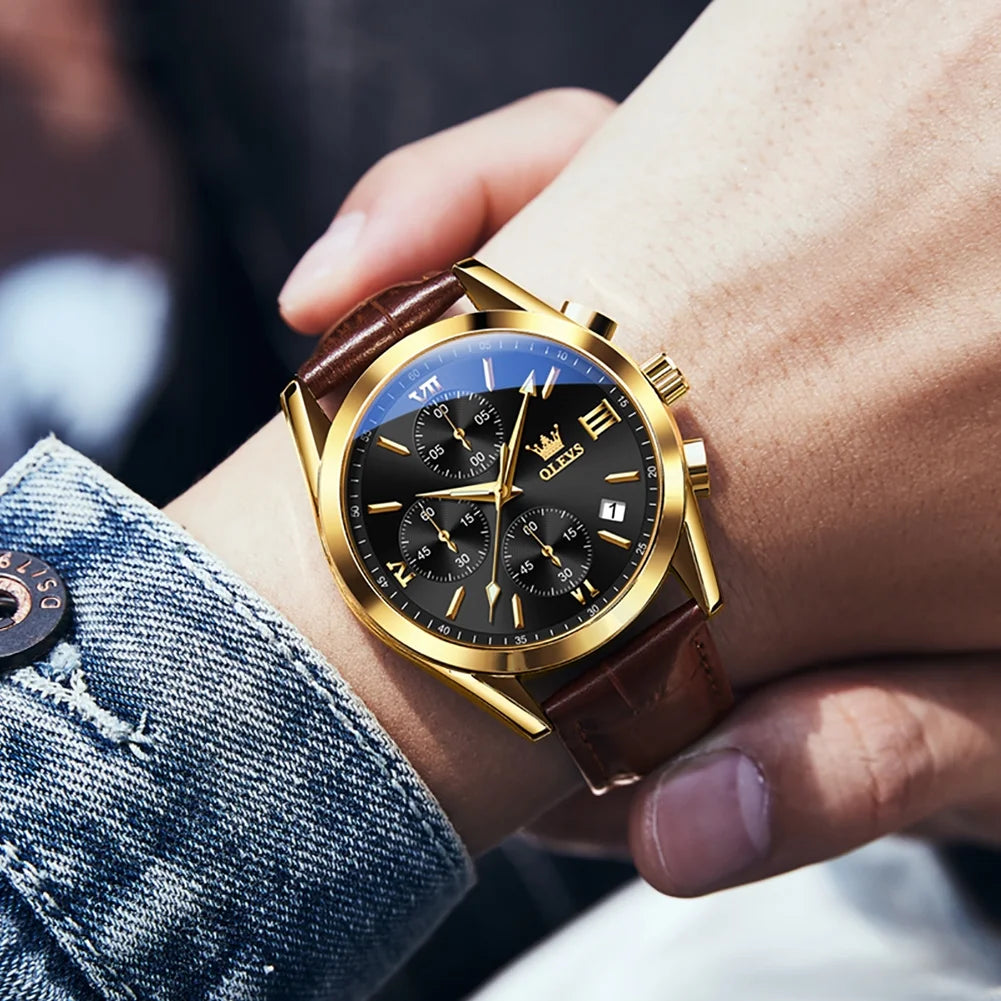 OLEVS Watches for Men Chronograph Leather Gold Plated Case Analog Quartz