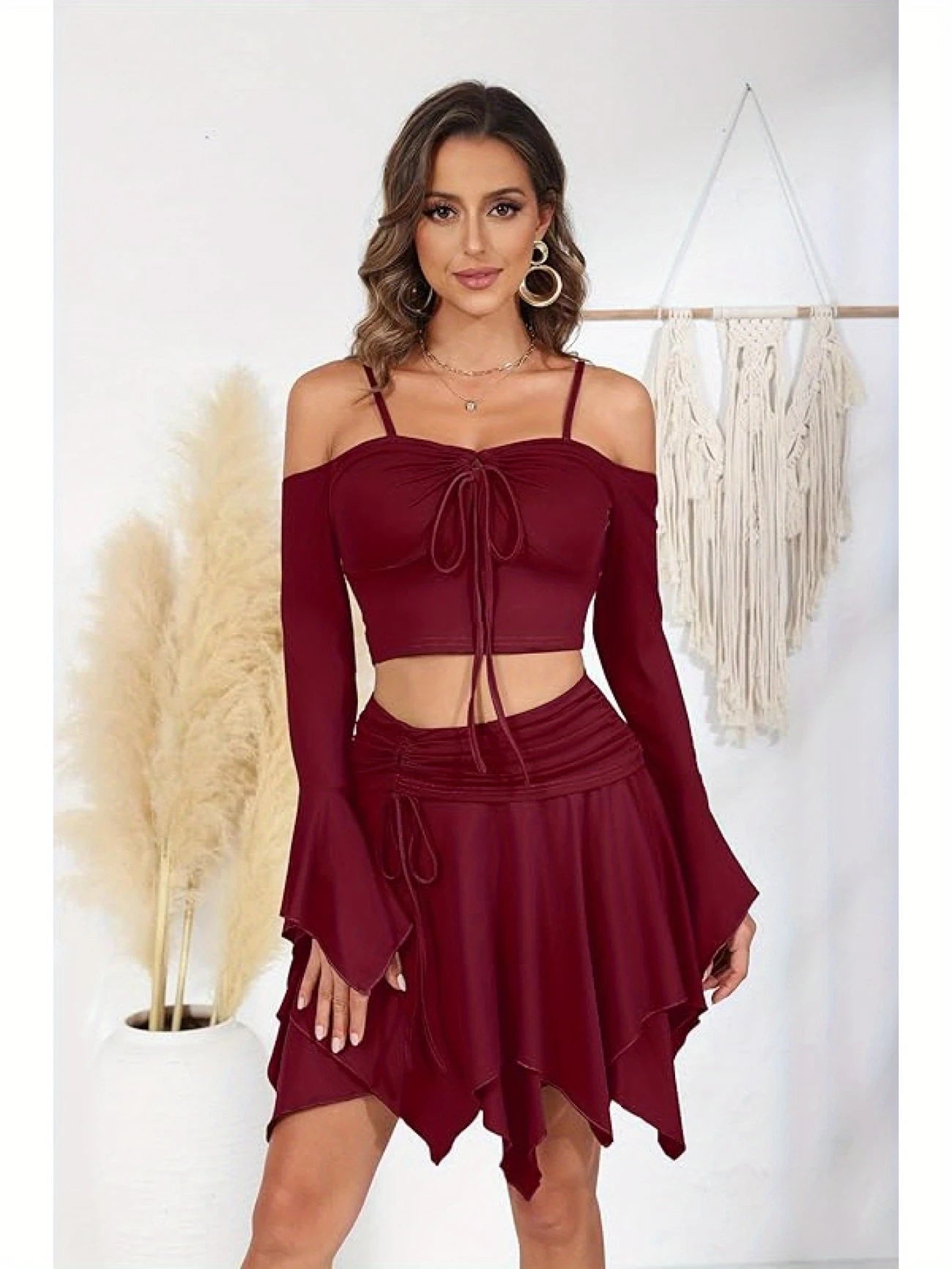 Women 2pcs Skirt Set Sexy Fairy Off Shoulder Rave Ruffled Outfits