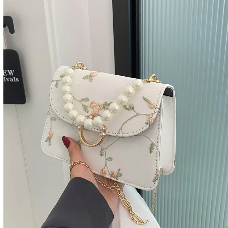 White Mini Square Bag | Elegant Faux & Rhinestone Chain Strap
