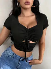 Women's Sexy Summer Cropped Top - Low-Cut Strap Detail Fitted Tee