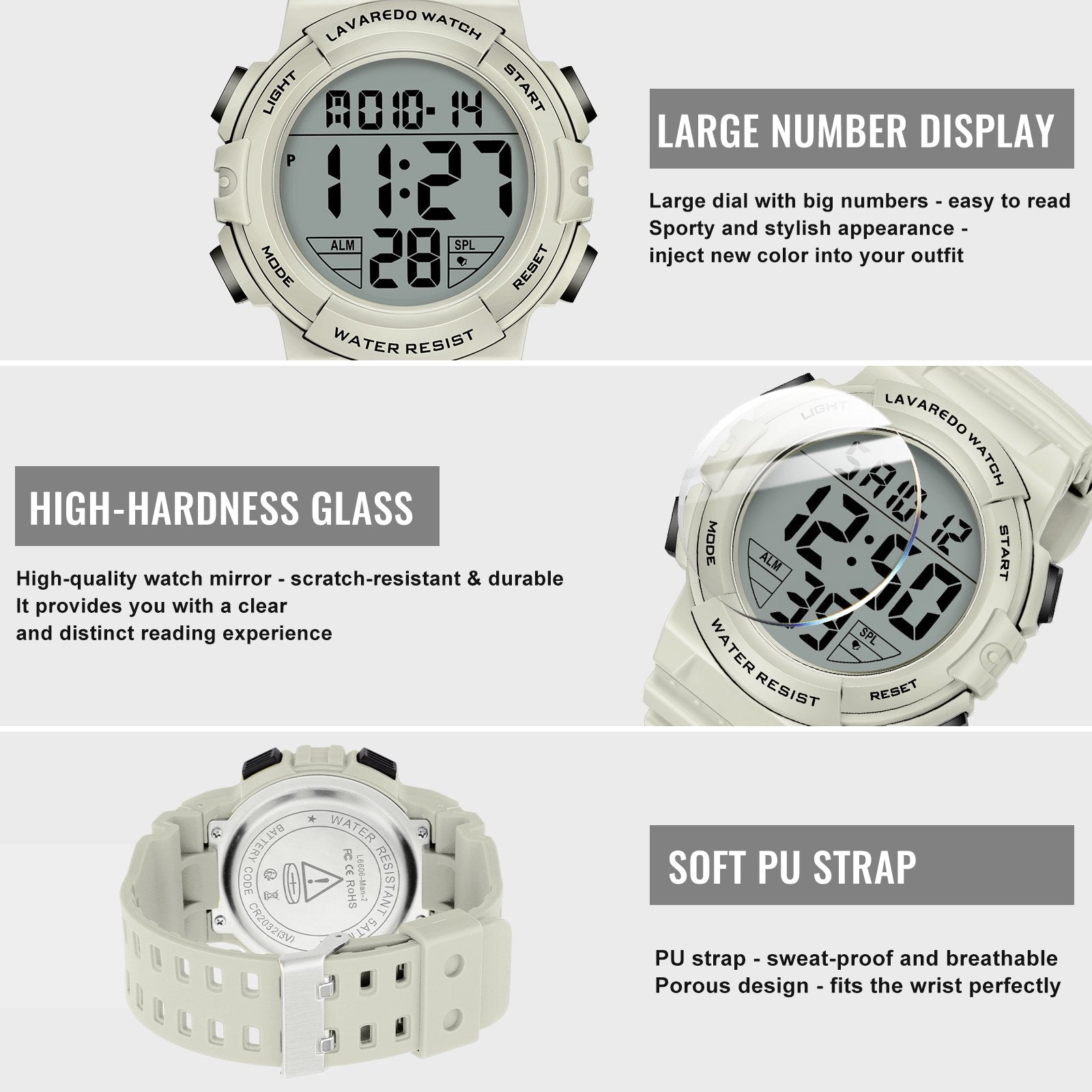 Men's Digital Sports Watch With Stopwatch/Alarm/Dual Time/ LED Backlight Outdoor Sports Waterproof Watch PU Strap Gifts for Man