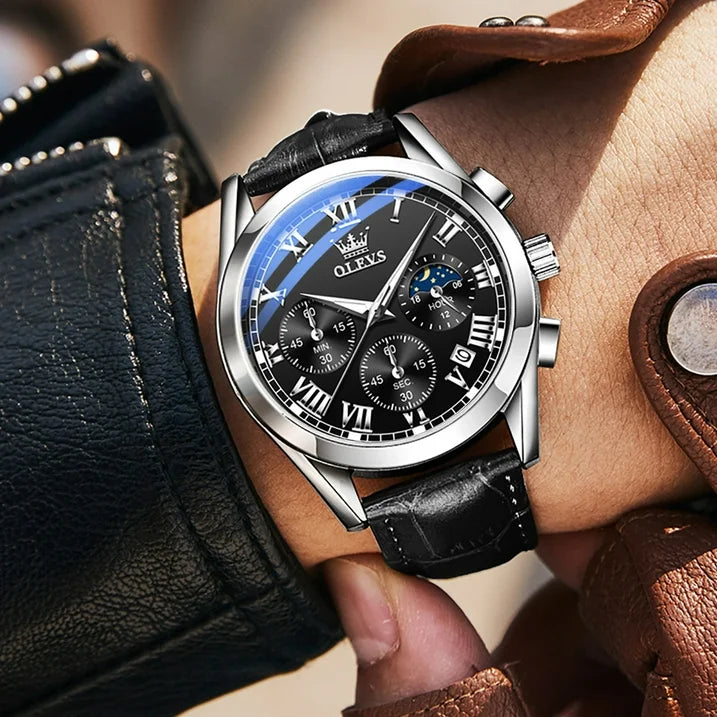 Leather Strap Date Silver Classic Watch for Men