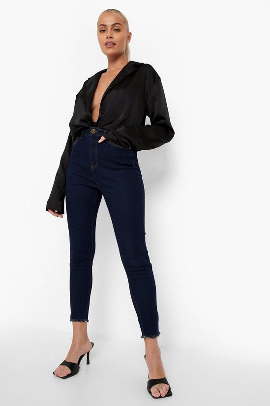 Basics High Waist Frayed Hem Skinny Jeans