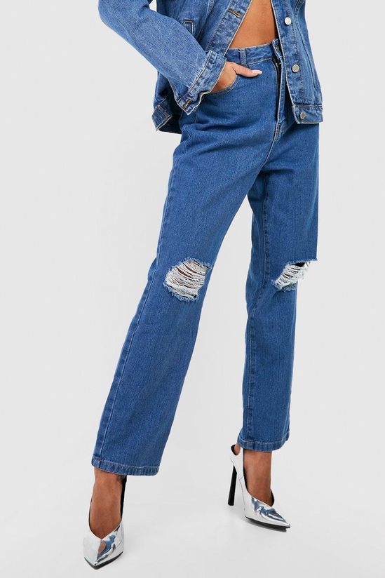 Basics High Waisted Ripped Straight Leg Jeans