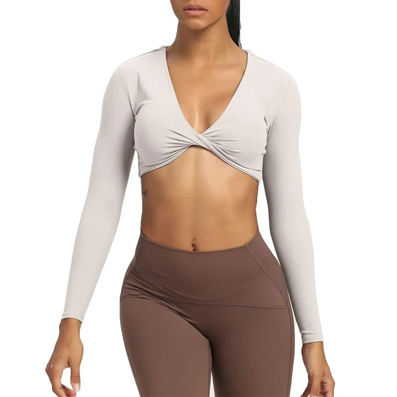 Women’s Long Sleeve Twist V-Neck Crop Top, Padded Workout & Yoga Top