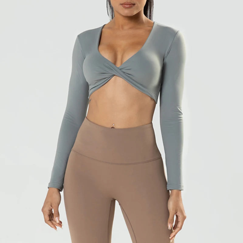 Women’s Long Sleeve Twist V-Neck Crop Top, Padded Workout & Yoga Top