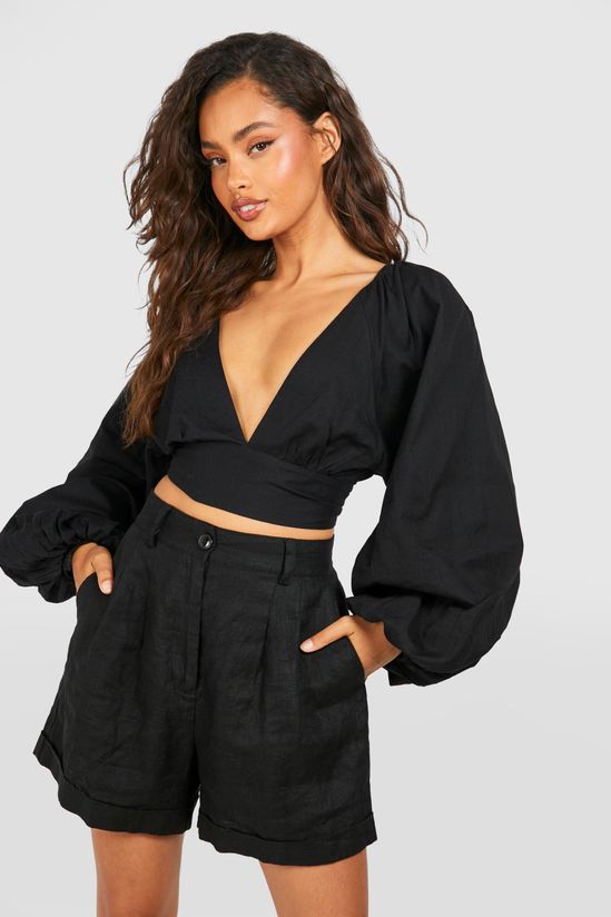 Linen Look Balloon Sleeve Tie Back Crop Top