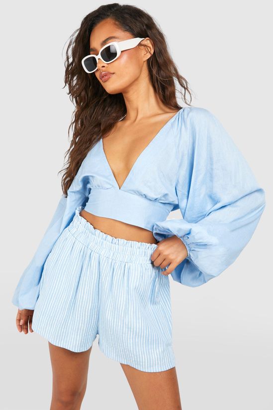 Linen Look Balloon Sleeve Tie Back Crop Top