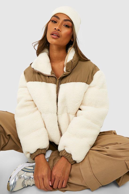 Teddy Faux Fur Panelled Boxy Puffer Jacket