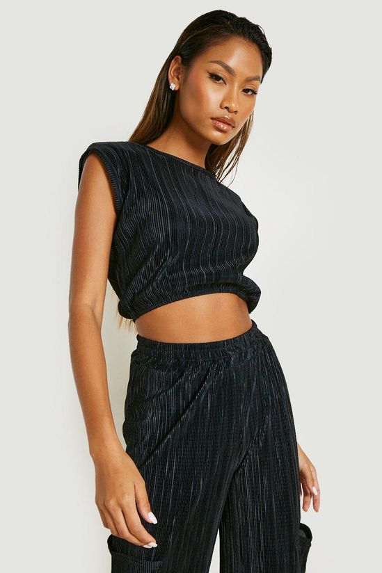 Plisse Shoulder Pad Crop Top