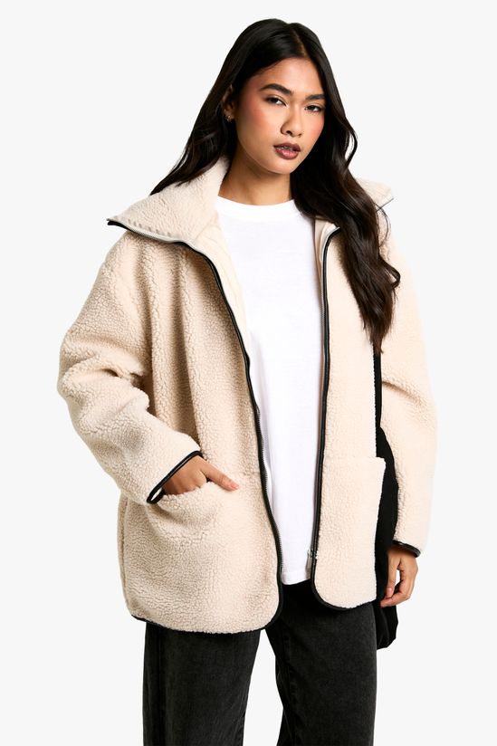 Contrast Detail Funnel Neck Teddy Jacket