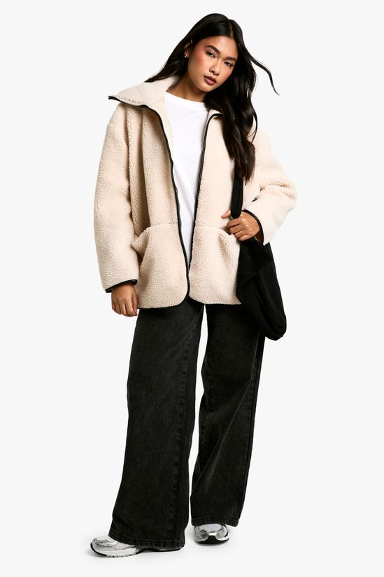 Contrast Detail Funnel Neck Teddy Jacket