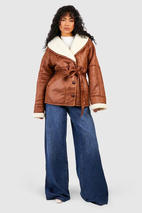 Faux Leather Belted Aviator Jacket