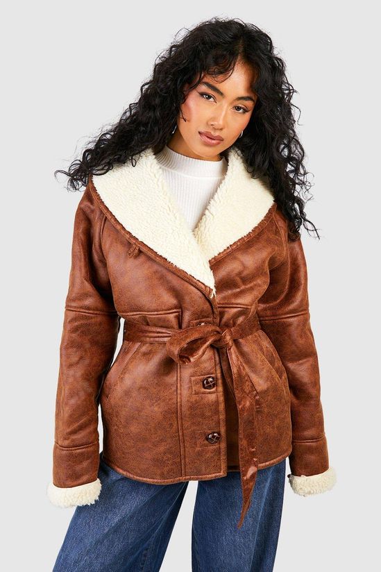 Faux Leather Belted Aviator Jacket