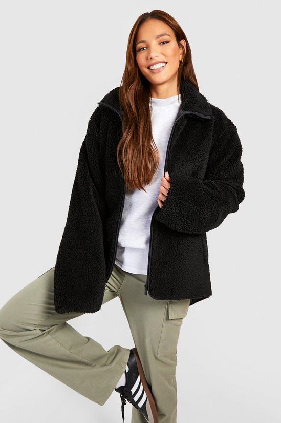 Tall Zip Detail Oversized Faux Fur Teddy Jacket