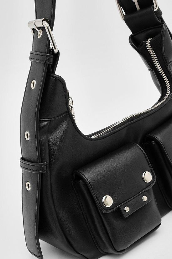 Double Pocket Stud Detail Shoulder Bag
