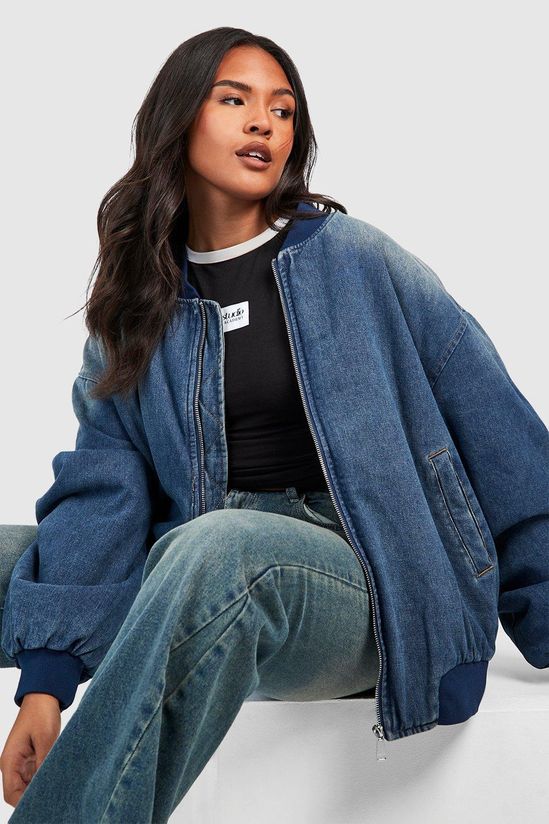 Plus Ruched Sleeve Oversized Denim Bomber Jacket