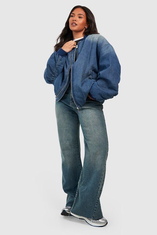 Plus Ruched Sleeve Oversized Denim Bomber Jacket