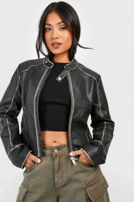 Petite Vintage Look Moto Faux Leather Jacket