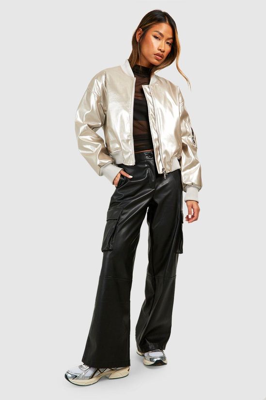 Metallic Vinyl Crop Faux Leather Bomber Jacket