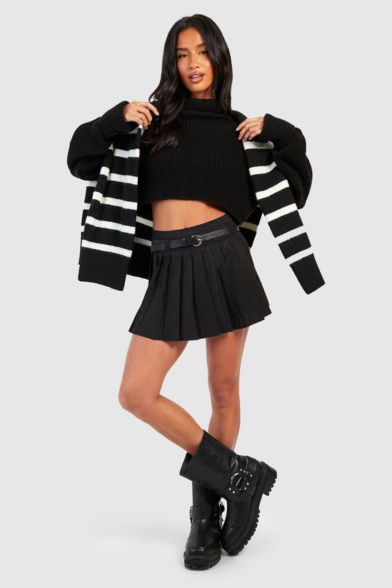 Petite Belt Detail Pleated Woven Mini Skirt