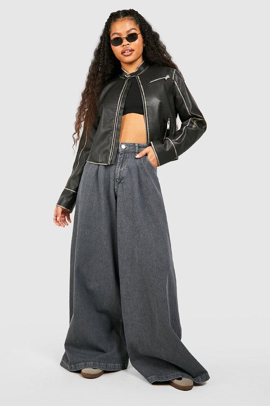 Petite Fitted Moto Vintage Look Faux Leather Jacket