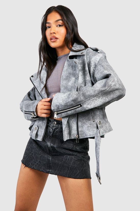 Petite Vintage Look Faux Leather Biker Jacket