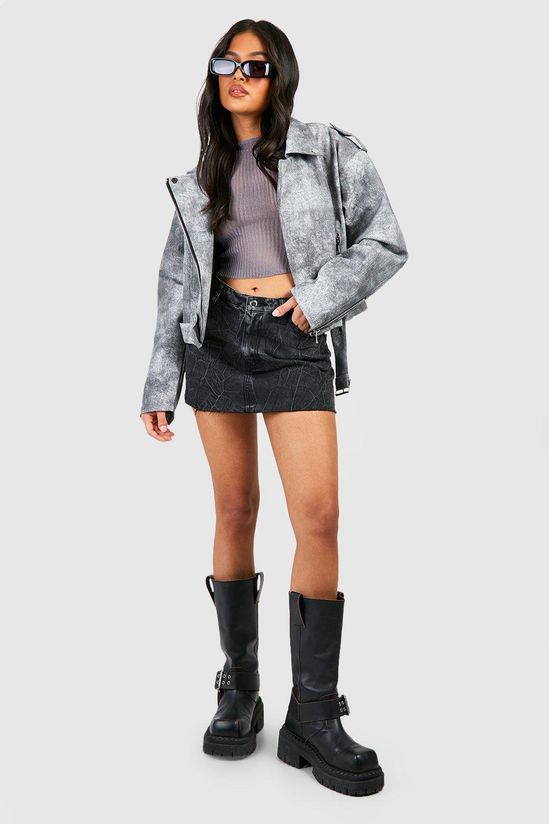Petite Vintage Look Faux Leather Biker Jacket