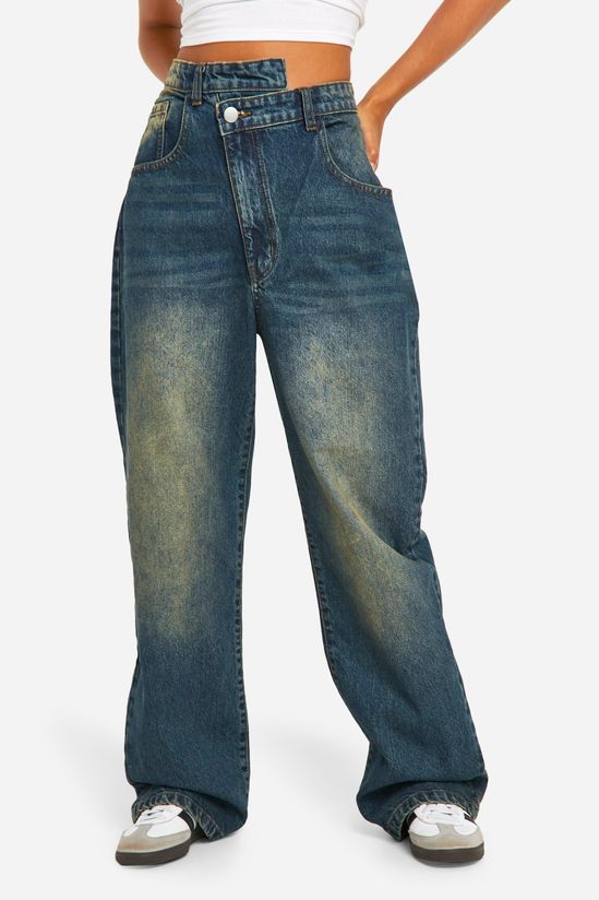 Petite Asymmetric Waistband Straight Leg Jeans